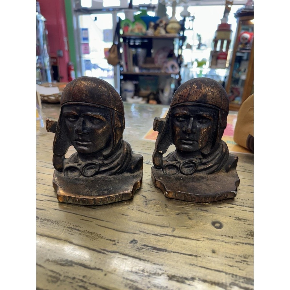 Vintage Cast Iron Charles Lindbergh American Aviation Bookends Pair